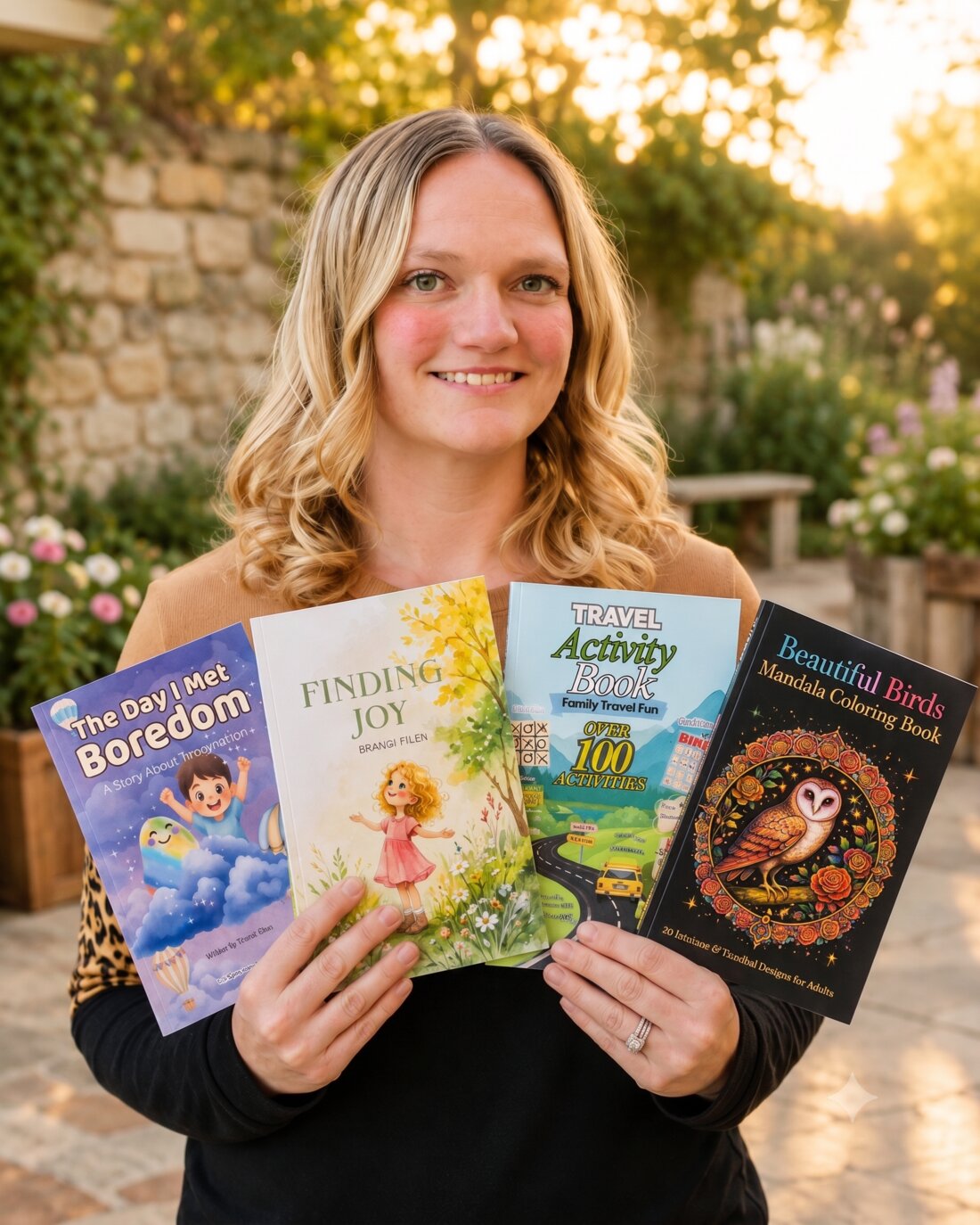 Brandi Filer smiling in a garden, holding her four published books